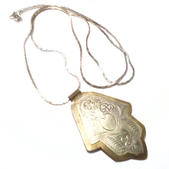 Vintage Boho Ethnic Inspired Hand Embossed Silver Brass Tone Pendant Necklace - Picture 7 of 8